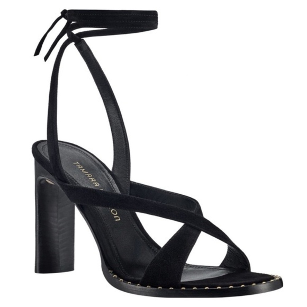 New Tamara Mellon Terra 100 Suede Studded Wrap Around Sandals Heels Black 38.5 - Picture 2 of 13